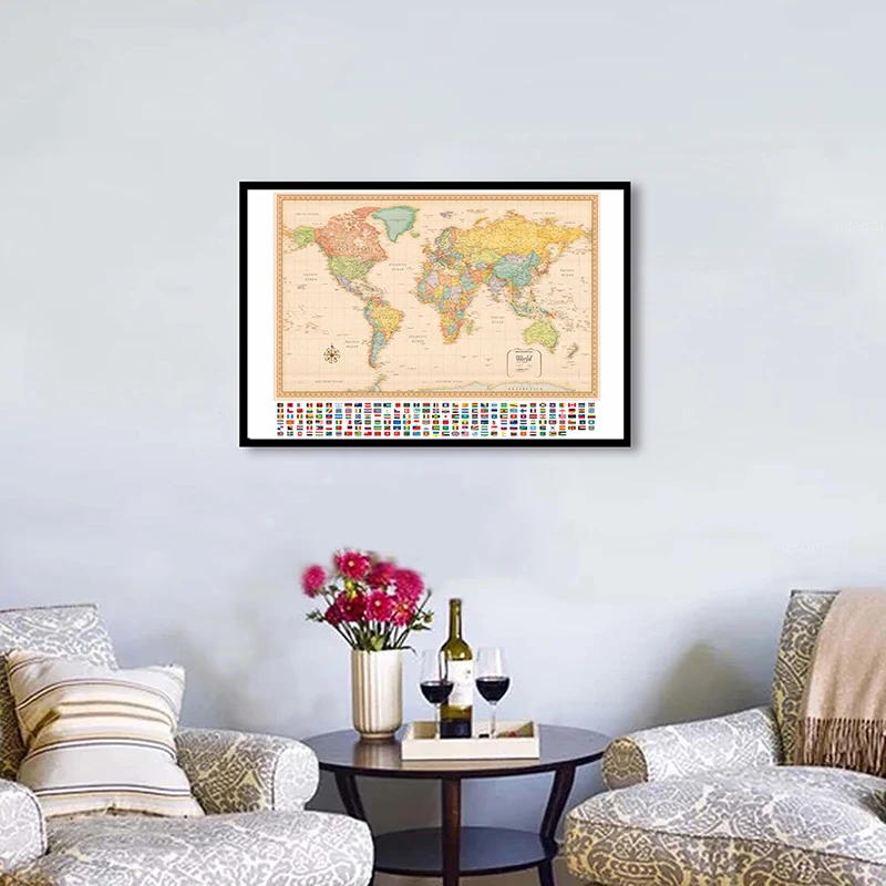 

84*59cm The World Political Map with National Flags Canvas Painting Wall Art Poster Living Room Home Decor Kids School Supplies