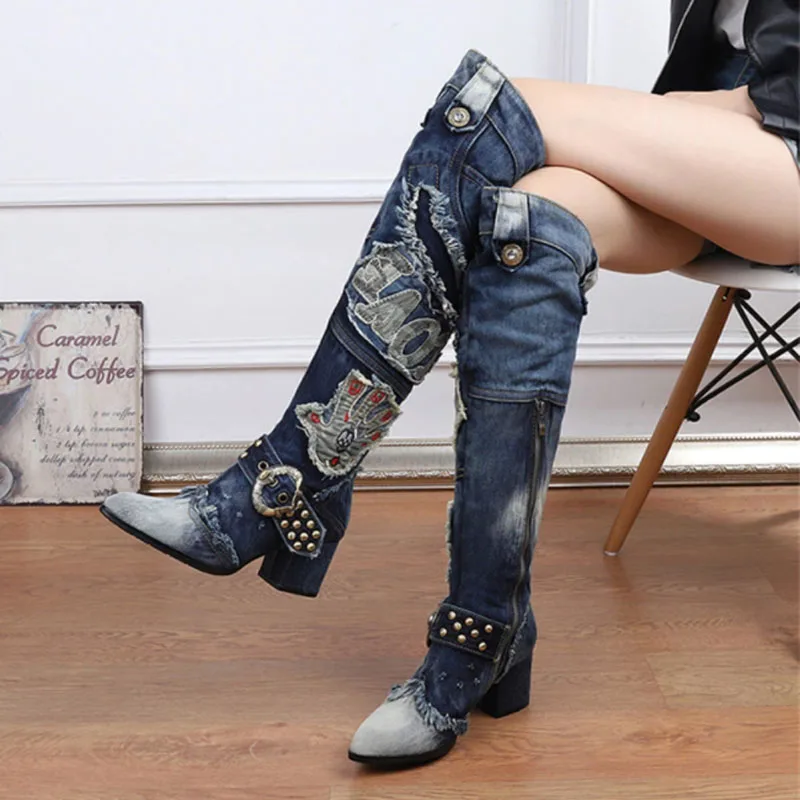 

Pointed Toe Women Thigh High Boots 6CM Chunky High Heel Over the Knee Boots Denim Shoes Woman Winter Warm Jean Botas Mujer