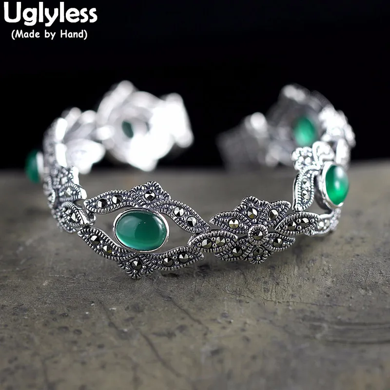 

Uglyless Ethnic Thai Silver Floral Bracelets for Women Chalcedony Garnet Vintage Bracelet 925 Sterling Silver Fine Jewelry BR278