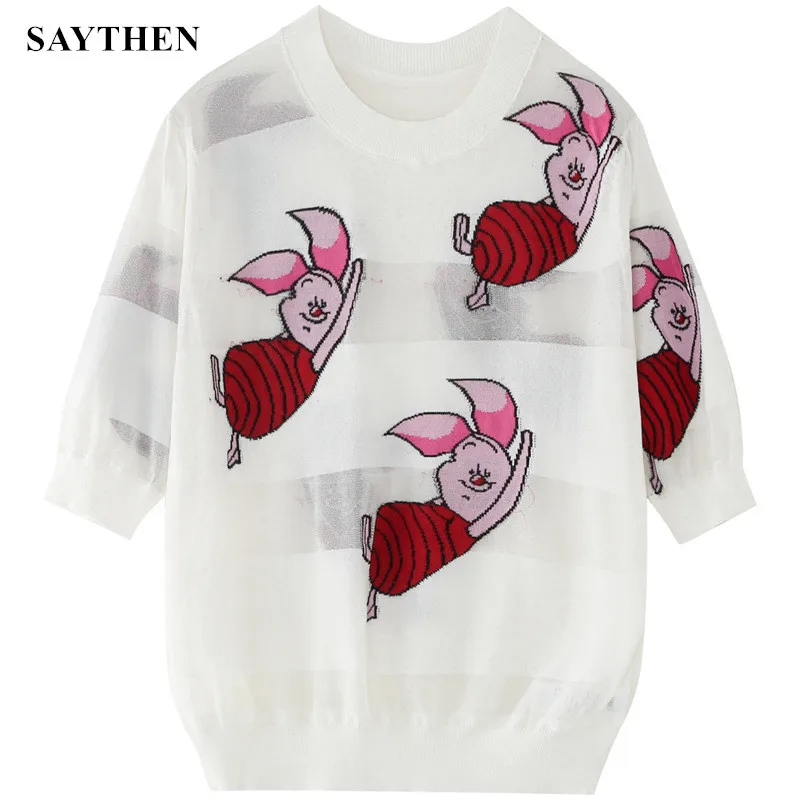 SAYTHEN Spring Summer Woman New Thin Section Contrast Color Jacquard Cute Cartoon Pig Short-Sleeved Sweater Round Neck Pullover
SAYTHEN Spring Summer Woman New Thin Section Contrast Color Jacquard Cute Cartoon Pig Short-Sleeved Sweater Round Neck Pullover