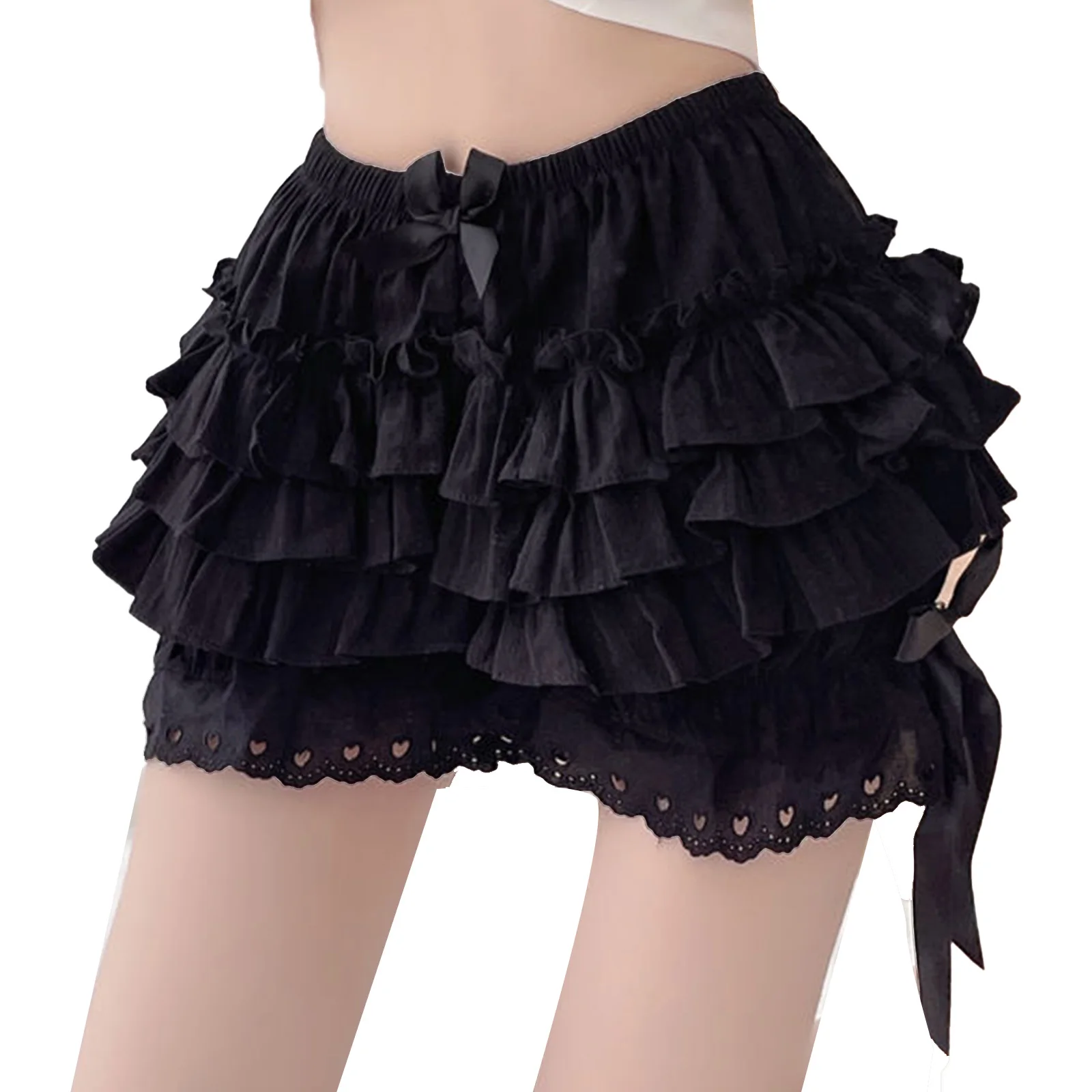 

Womens Tiered Frilly Bloomers Shorts Soild Color Cute Bowknot Ruched Culottes Ruffled Panties Maid Cosplay Costume Theme Party