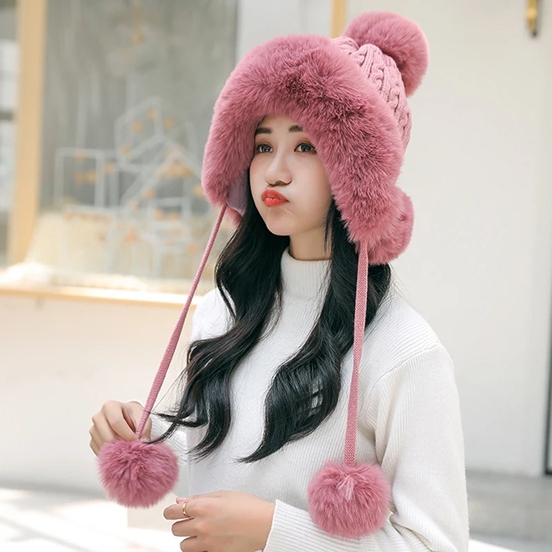 Women Outdoor Earflap Hat Wool Knitted Snow Ski Cap Fleece Bomber Trapper Hat Women Faux Fox Fur Pompom Winter Warm Caps
Women Outdoor Earflap Hat Wool Knitted Snow Ski Cap Fleece Bomber Trapper Hat Women Faux Fox Fur Pompom Winter Warm Caps