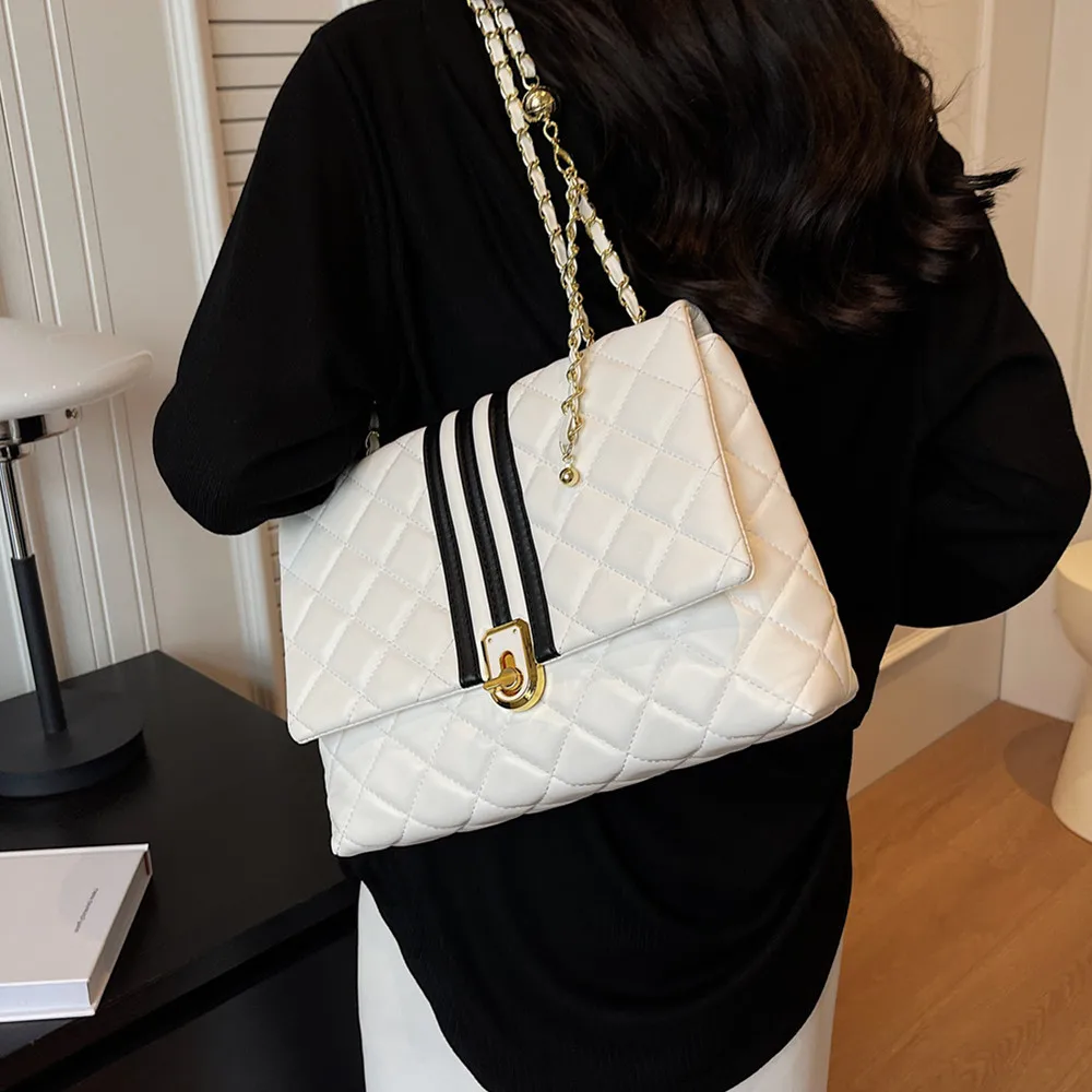 

Burminsa Quilted Large Chain Shoulder Bags For Women 2023 Trend Luxury Designer Square Crossbody Bags PU Leather Ladies Handbags