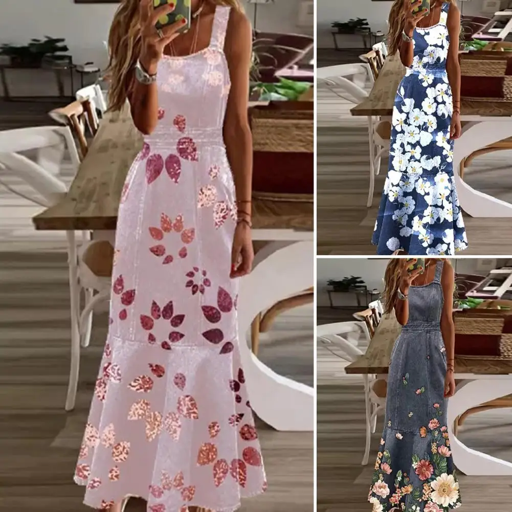 Square Collar Waist Tight Sling Dress Ruffle Hem Vivid Flower Print Women Denim Maxi Dress Streetwear
Square Collar Waist Tight Sling Dress Ruffle Hem Vivid Flower Print Women Denim Maxi Dress Streetwear