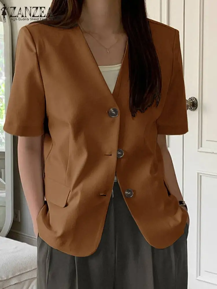 Женский пиджак на пуговицах ZANZEA, с коротким рукавом и V-образным вырезом, Повседневная тонкая верхняя одежда для работы и офиса, лето 2022 
Женский пиджак на пуговицах ZANZEA, с коротким рукавом и V-образным вырезом, Повседневная тонкая верхняя одежда для работы и офиса, лето 2022