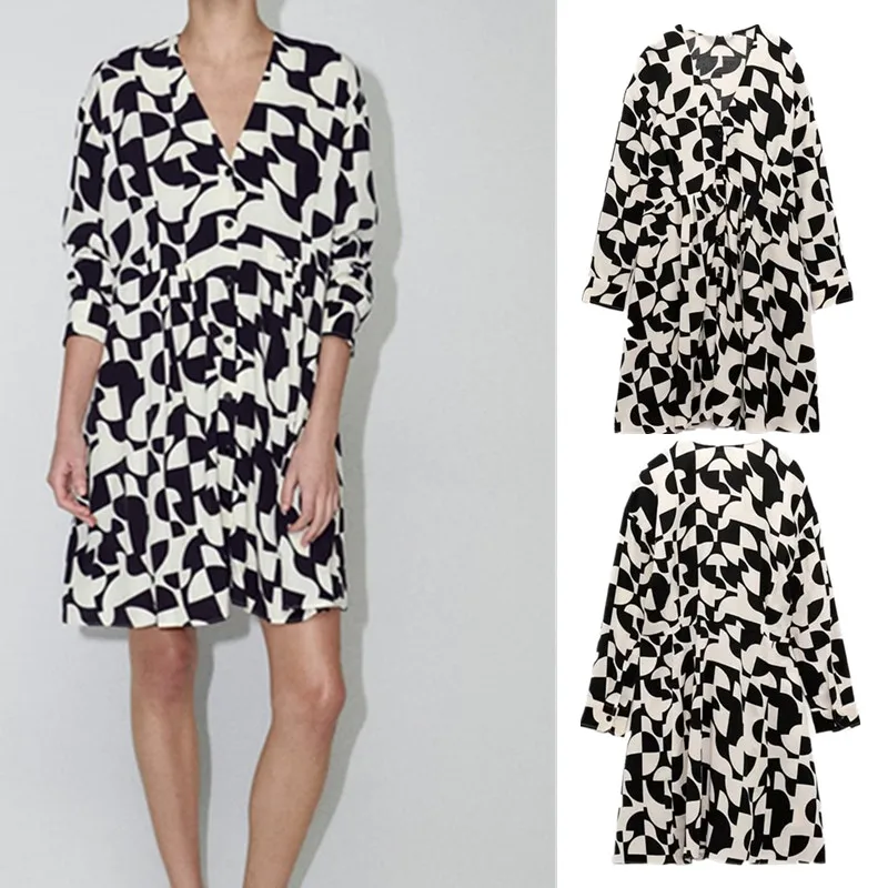 Женское короткое платье с высокой талией, V-образным вырезом и длинным рукавом 
Женское короткое платье с высокой талией, V-образным вырезом и длинным рукавом