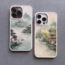 Mountains and Streams Pavilion Ink Brush Painting Phone Case for iPhone X XR XS 15 7 8 Plus SE 12 13 14 11 Pro Max Silicon Cover
