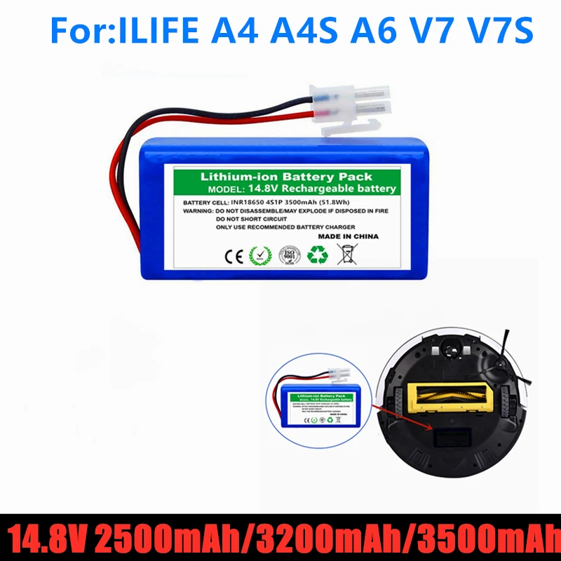 

NEW/14.8V 2500mah 3200Mah 3500mAh Lithium Battery For ILIFE A4 A4s V7 A6 V7s Plus Robot Vacuum Cleaner ILife 4S 1P Full Capacity