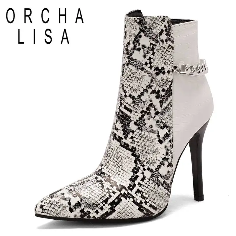 

ORCHA LISA Ladies Ankle Boots 10.5cm Thin High Heel 11cm Pointed Toe Zipper Chain Splice Plus Size 34-48 Sexy Mixed Color Dating