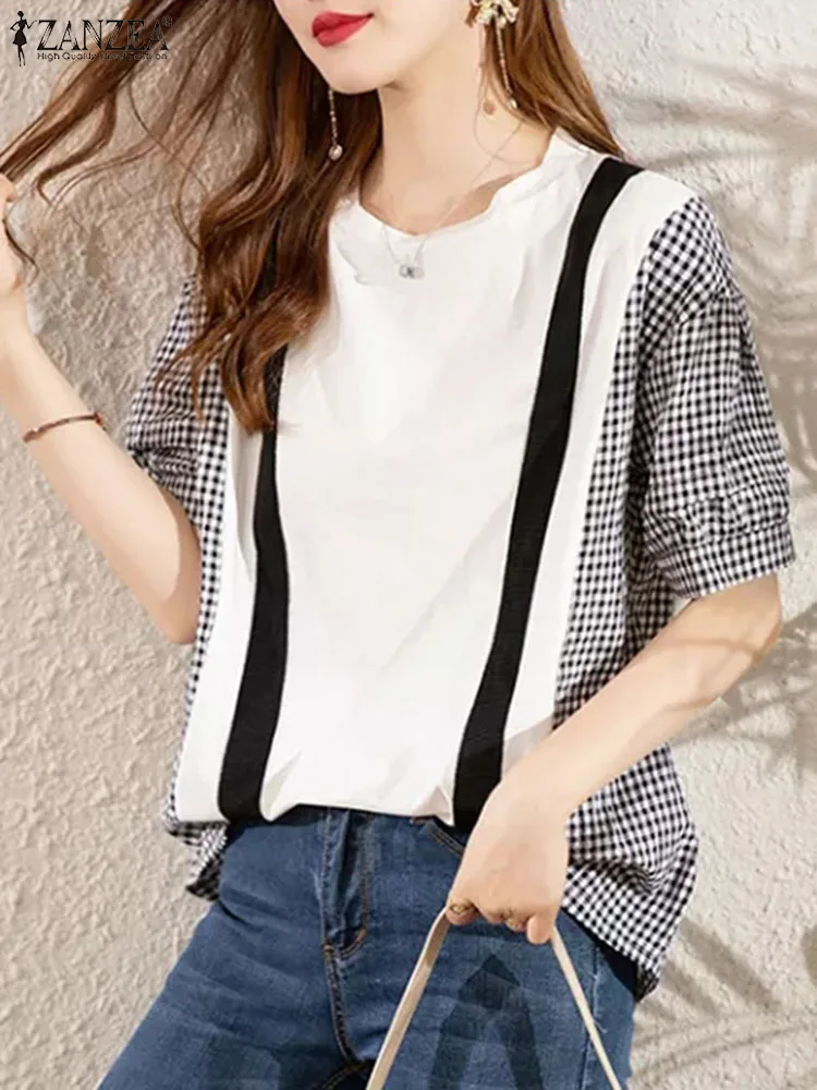 ZANZEA Elegant Grid Patchwork Blouse Woman Korean Fashion Blouses Summer Short Sleeve O-Neck Tunic Tops Female Casual Blusas 
ZANZEA Elegant Grid Patchwork Blouse Woman Korean Fashion Blouses Summer Short Sleeve O-Neck Tunic Tops Female Casual Blusas