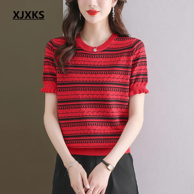 XJXKS Round Neck Short-sleeved Tops Women's T-shirt 2023 Summer New Fashion Stripes High-quality Linen Knit Blouse
XJXKS Round Neck Short-sleeved Tops Women's T-shirt 2023 Summer New Fashion Stripes High-quality Linen Knit Blouse