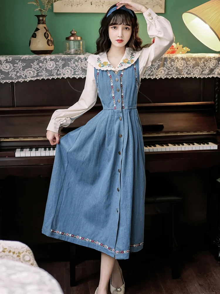 Spring Summer Midi Long Denim Suspender Skirt Women Vintage Embroidery Single-Breasted High Waisted Overalls Mori Girl Jumpsuits
Spring Summer Midi Long Denim Suspender Skirt Women Vintage Embroidery Single-Breasted High Waisted Overalls Mori Girl Jumpsuits