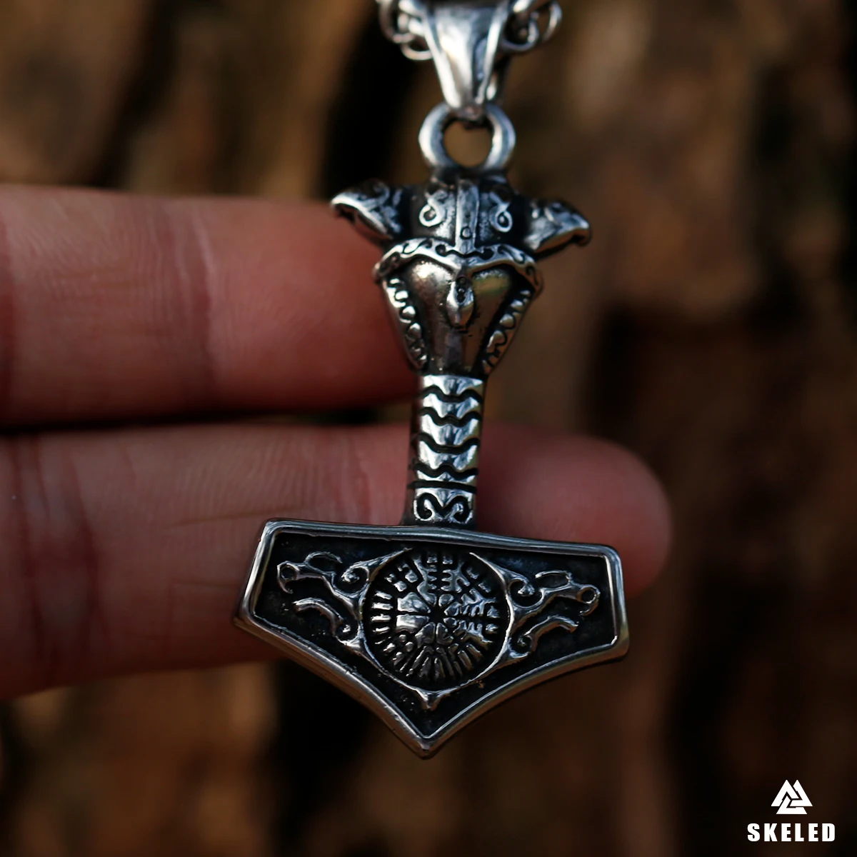 

Nordic Viking Double Wolf Head Thor's Hammer Pendant Necklace Men's Stainless Steel Compass Rune Retro Jewelry