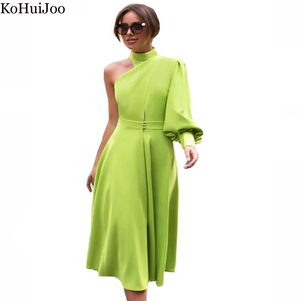 

KoHuiJoo Single Shoulder Dress Women 2022 Spring Summer Long Sleeve Mid-Calf Diagonal Collar Slim Elegant Dresses Irregular Sexy