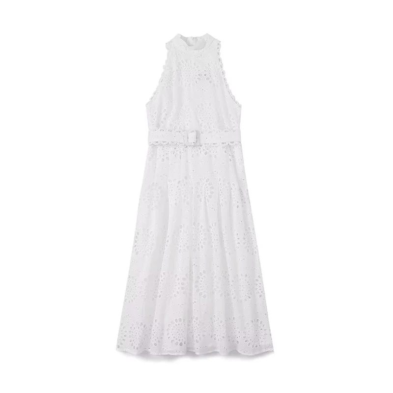 Summer 2023 Women Fashion With Belt Sleeveless Midi Openwork Embroidery White Dress Party Vestidos 
Summer 2023 Women Fashion With Belt Sleeveless Midi Openwork Embroidery White Dress Party Vestidos