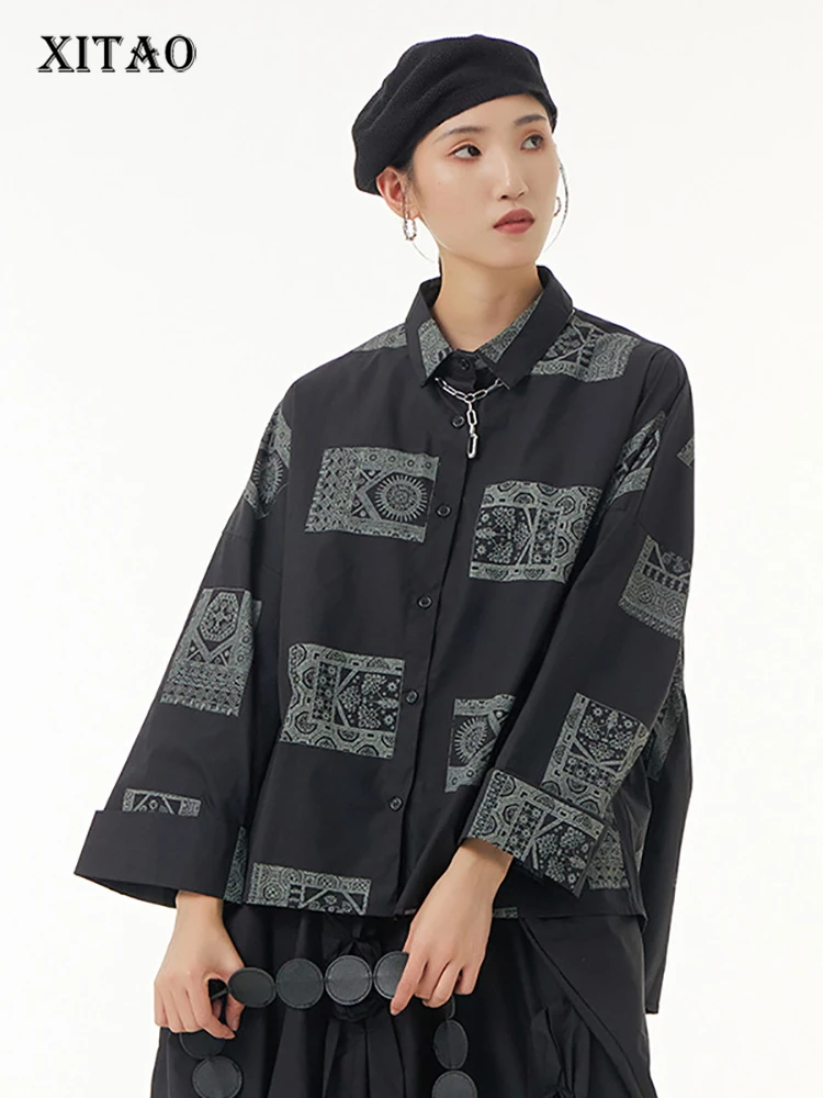 

XITAO Fashion Women Shirt Irregular Folds Splicing Loose Casual Contrast Color Sprint Top Autumn New Simplicity All-match ZY7821