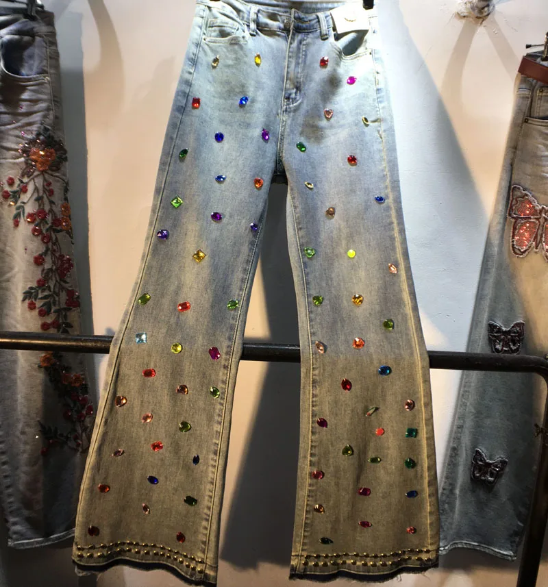 

2023 New Spring Summer Women Jeans Colored Gemstones Beading Diamonds High Waist Flare Pants Full Length Blue Denim Trousers
