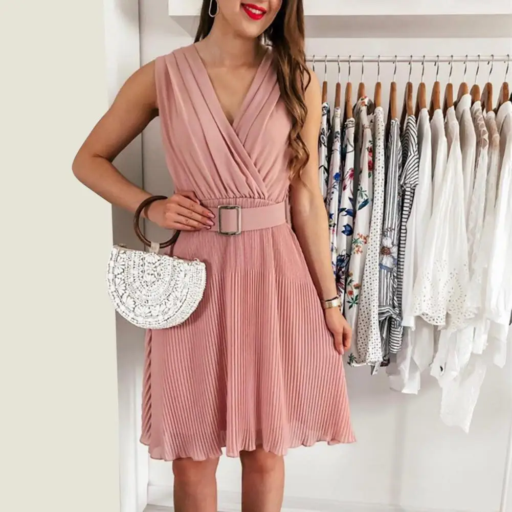 Elegant Women Dress Solid Color Trendy Mini Dress with Belt Sleeveless Breathable V-Neck Slim Dress Streetwear for Party
Elegant Women Dress Solid Color Trendy Mini Dress with Belt Sleeveless Breathable V-Neck Slim Dress Streetwear for Party