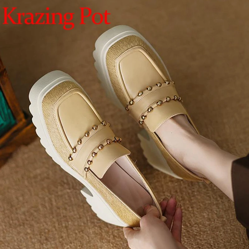 Krazing Pot Horsehair Square Toe Thick High Heels Platform Loafers Shoes Metal Decorations Leisure Office Lady Cozy Women Pumps 
Krazing Pot Horsehair Square Toe Thick High Heels Platform Loafers Shoes Metal Decorations Leisure Office Lady Cozy Women Pumps