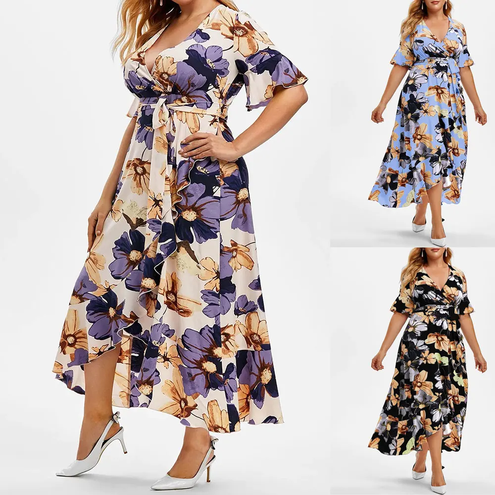Women's casual Bohemian print irregular dress fishtail large swing skirt Short Sleeve waist 
Women's casual Bohemian print irregular dress fishtail large swing skirt Short Sleeve waist