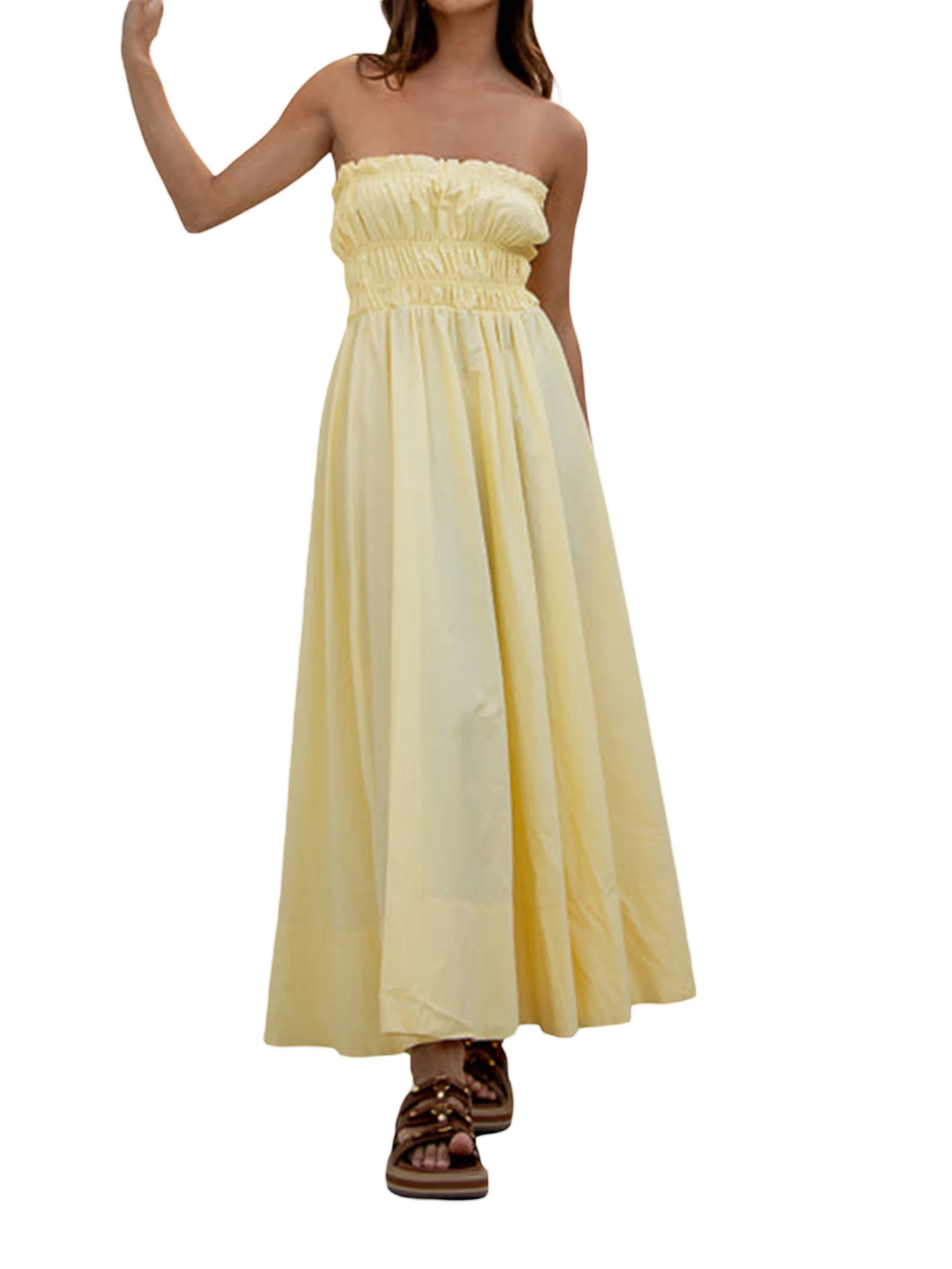 

Женское элегантное платье макси без бретелек с рюшами и цветочным принтом с открытыми плечами для пляжных вечеринок и торжественных мероприятий