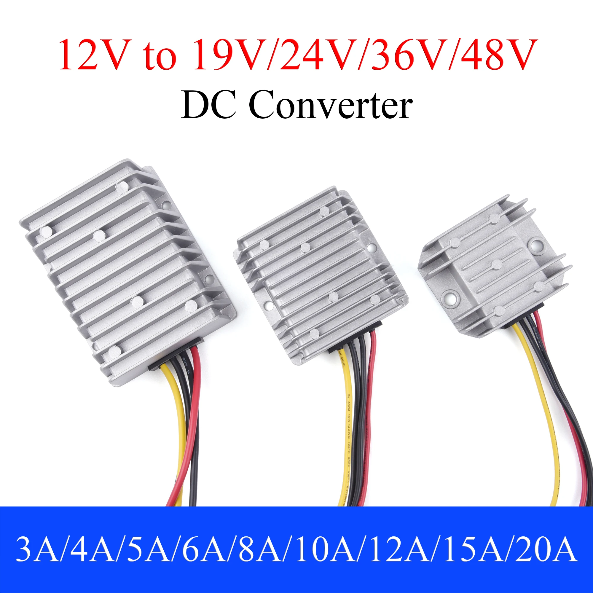 

DC 12V to 19V/24V/36V/48V Power Converter 3A 5A 8A 10A 12A 15A 20A Auto Boost Regulator Step-Up Voltage Supply Module For Car