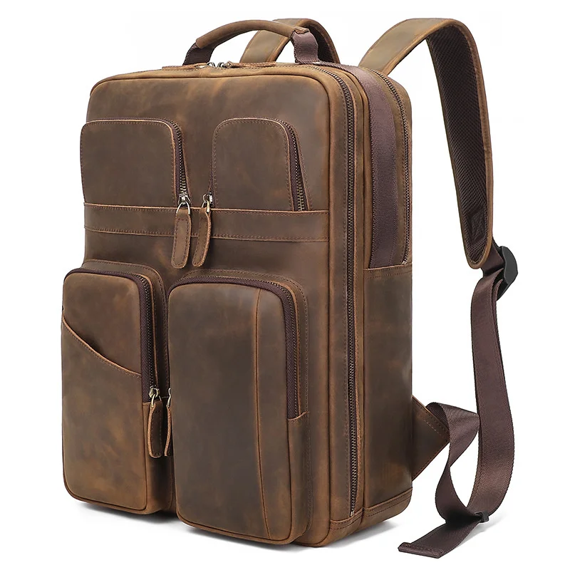 

Рюкзак мужской кожаный в стиле ретро, вместительный ранец из кожи Крейзи Хорс, сумка для компьютера 15,6 дюйма, многофункциональный деловой п...