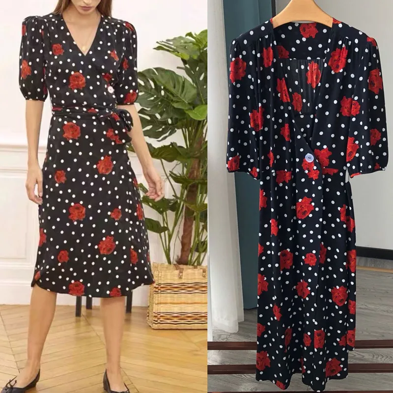 100% Viscose Women Polka Dot Rose Print midi Dresses Lace-up Short Sleeve Sashes retro Lady V-neck Wrap Robes
100% Viscose Women Polka Dot Rose Print midi Dresses Lace-up Short Sleeve Sashes retro Lady V-neck Wrap Robes