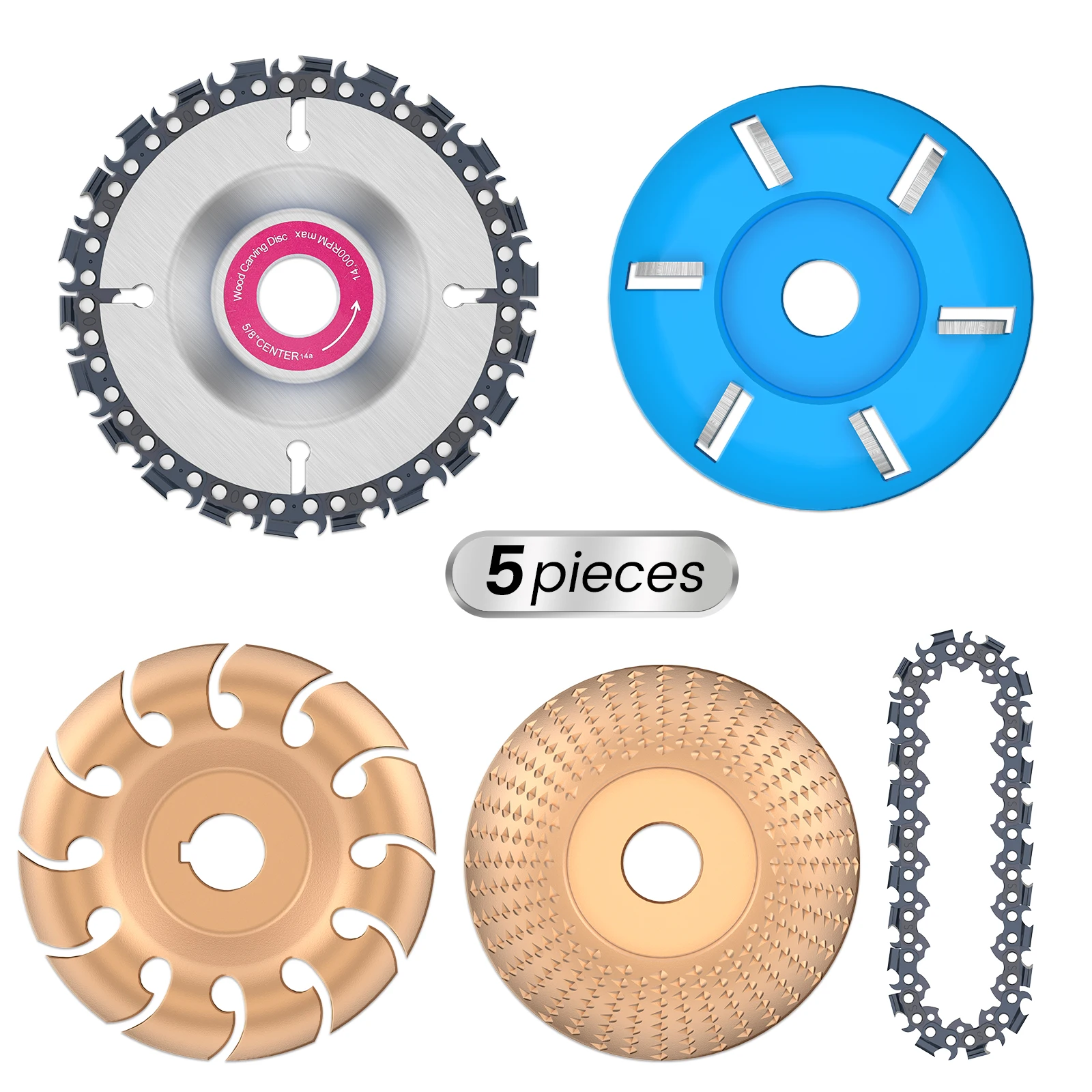 5Pcs Wood Grinding Wheel Set For 4In Or 4-1/2In Angle Grinder Grinder Wheel Shaping Disc Attachment Wood Carving Disc Chain Disc
5Pcs Wood Grinding Wheel Set For 4In Or 4-1/2In Angle Grinder Grinder Wheel Shaping Disc Attachment Wood Carving Disc Chain Disc
