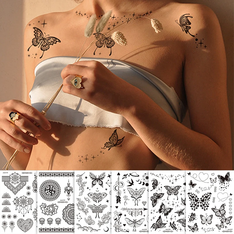 

Водостойкие временные тату-наклейки, черная бабочка, роза, переводная мигающая татуировка для женщин, сексуальная шея, рука, грудь, боди-арт, искусственные татуировки