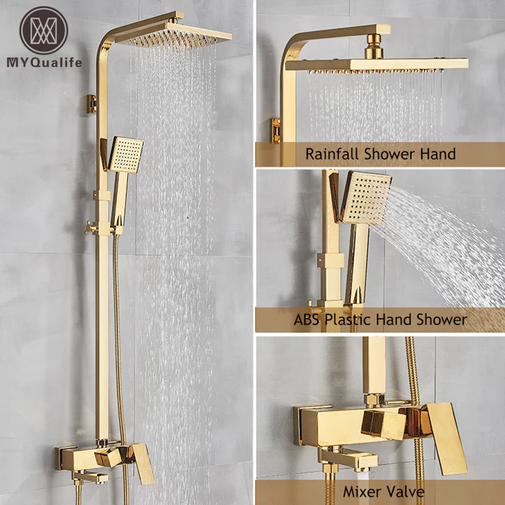 

Golden Copper Shower Set Faucet Wall Mounted Hot and Cold Bathtub Shower Column Square 8" Rainfall Shower Mixer Tap