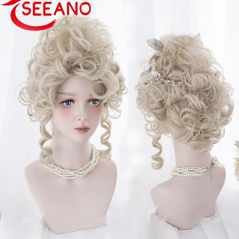 

SEEANO 40cm Synthetic Short Curly Cosplay Wig With Bangs Blonde Light Blonde Pink Lolita Wig Women Halloween Cosplay Wigs Female