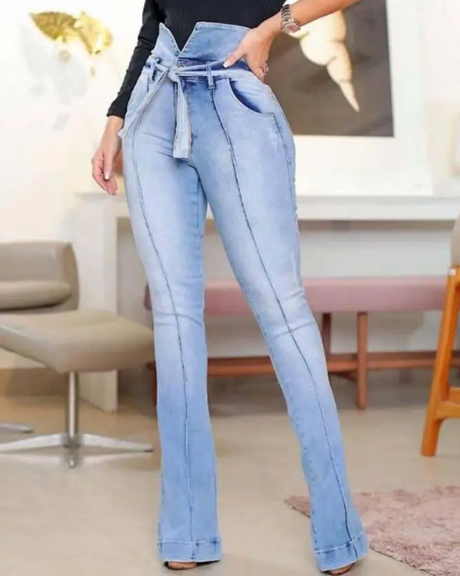 

Women's Jeans 2022 Trend Summer High Waist Tied Detail Casual Plain Bootcut Skinny Daily Pocket Design Long Flared Jeans