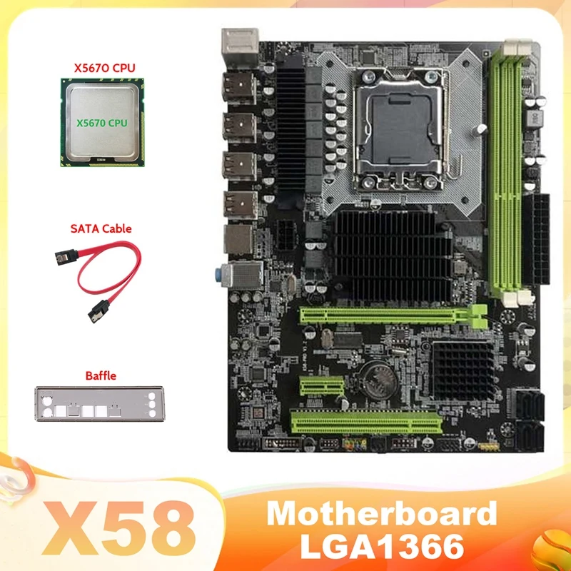 

FULL-X58 Motherboard LGA1366 Computer Motherboard Supports DDR3 ECC Memory Support RX Graphics Card With X5670 CPU+SATA Cable