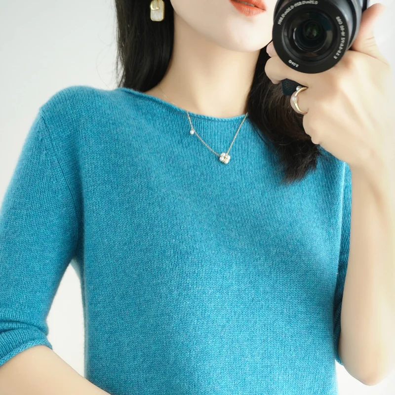 Spring and Summer New Half-sleeved Tees Women Slash Neck Slim Wool Cotton Blend Pullover Vest T-shirt Knitted Base Sweater
Spring and Summer New Half-sleeved Tees Women Slash Neck Slim Wool Cotton Blend Pullover Vest T-shirt Knitted Base Sweater