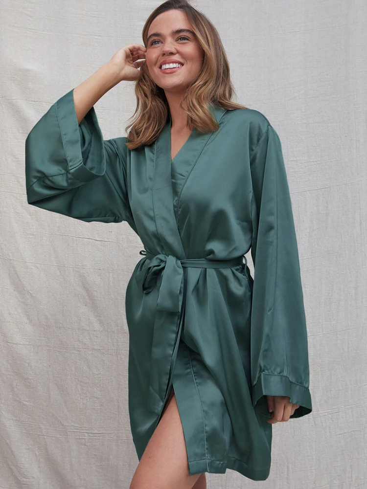 

Restve Loose Long Sleeve Bathrobe Female Casual V Neck Nightwear Sashes Summer Robes For Women Solid 2022 Satin Woman Clothes