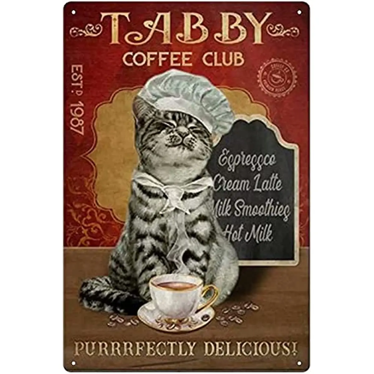 Vintage Metal Tin Signage Coffee Club Tabby Wearing Chef Hat Cat Family Bar Restaurant Cafe Outdoor Wall Decoration
Vintage Metal Tin Signage Coffee Club Tabby Wearing Chef Hat Cat Family Bar Restaurant Cafe Outdoor Wall Decoration
