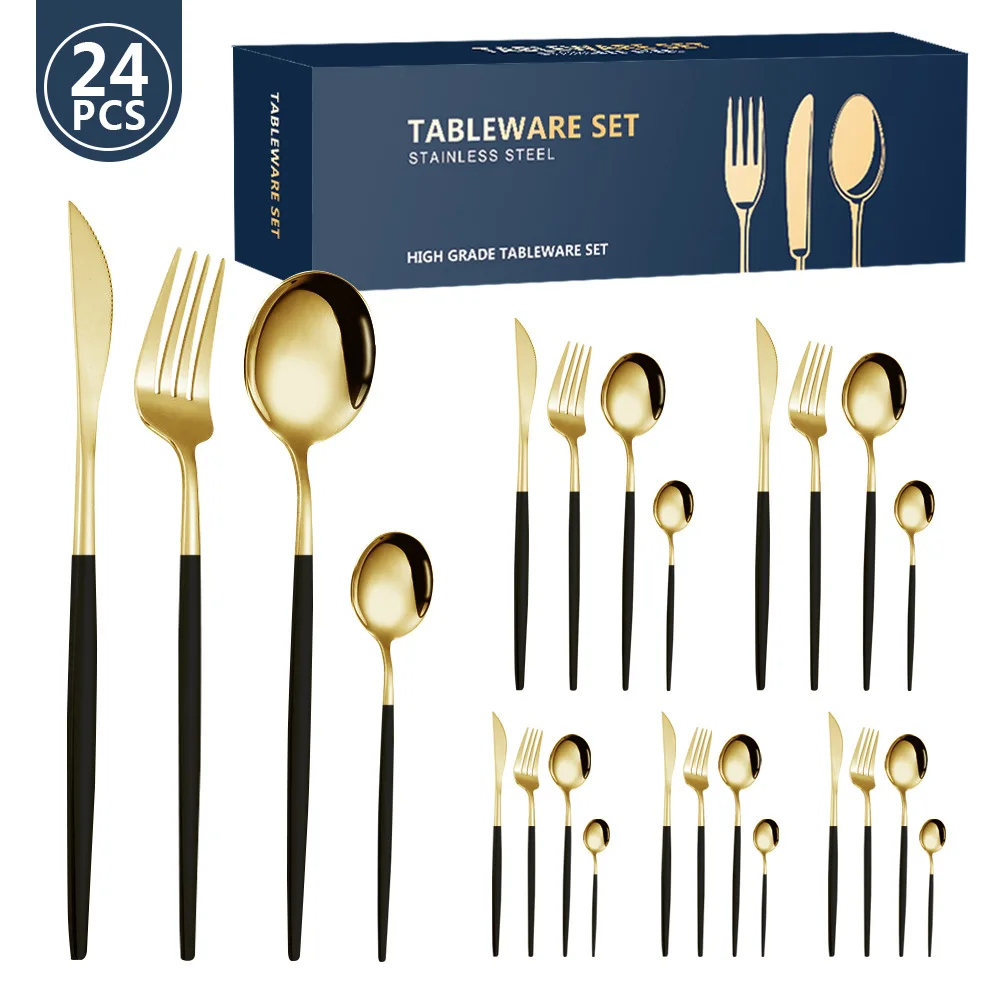 24Pcs Colorful Dinnerware Set Stainless Steel Cutlery Set Kitchen Mirror Gold Tableware Set Knife Fork Spoon Dinner Set With Box
24Pcs Colorful Dinnerware Set Stainless Steel Cutlery Set Kitchen Mirror Gold Tableware Set Knife Fork Spoon Dinner Set With Box