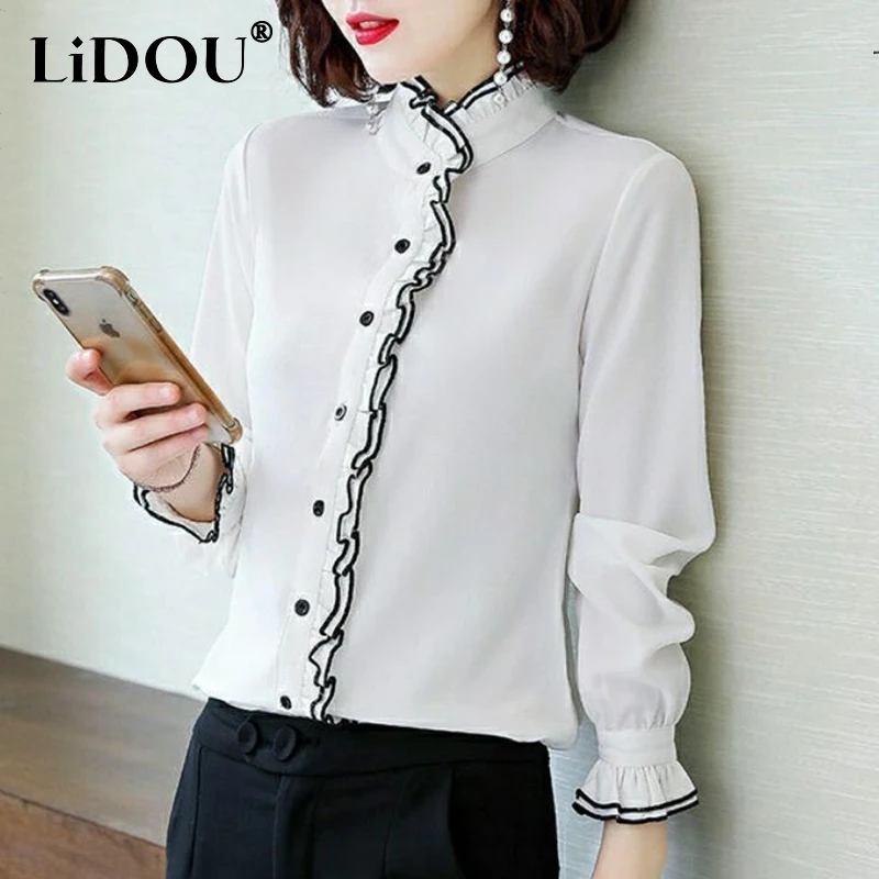 Autumn Winter Solid Color Ruffle Button Chic Blouse Women Long Sleeve Casual Loose Office Lady Shirt Korean Style Female Clothes
Autumn Winter Solid Color Ruffle Button Chic Blouse Women Long Sleeve Casual Loose Office Lady Shirt Korean Style Female Clothes