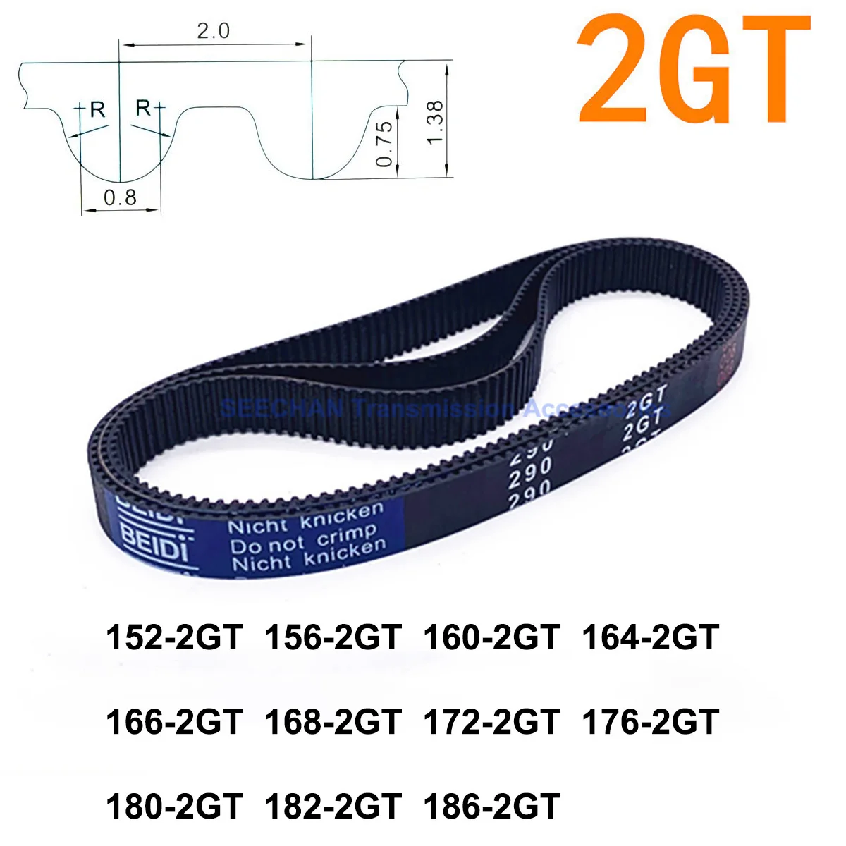 

2GT Rubber Timing Belt Pitch Length 152 156 160 164 166 168 172 176 180 182 186mm Width 6mm 10mm Closed Loop Synchronous Belt