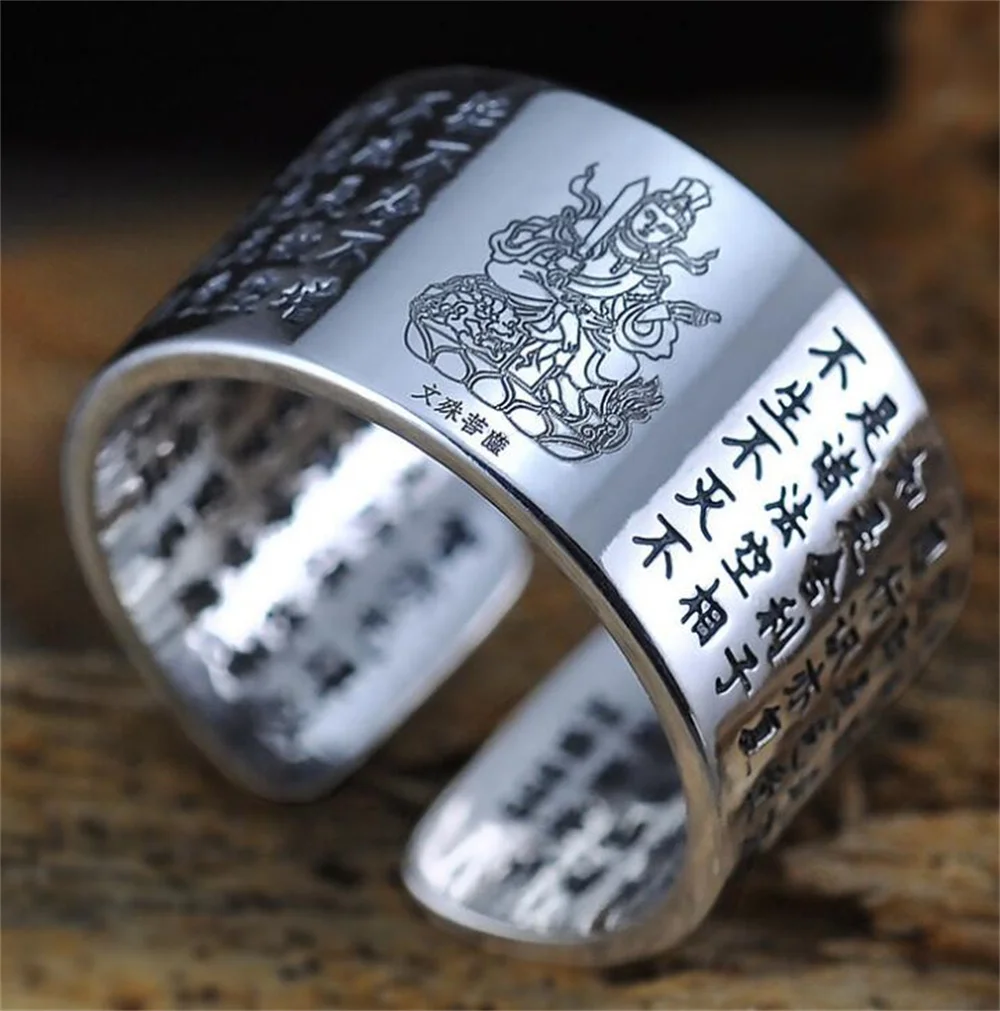 

Кольцо серебряное 925 пробы в винтажном стиле с китайским благословением Буддой сердцем сутрой кольца на удачу открытый размер S925 тайские серебряные кольца подарок для женщин и мужчин ювелирные изделия