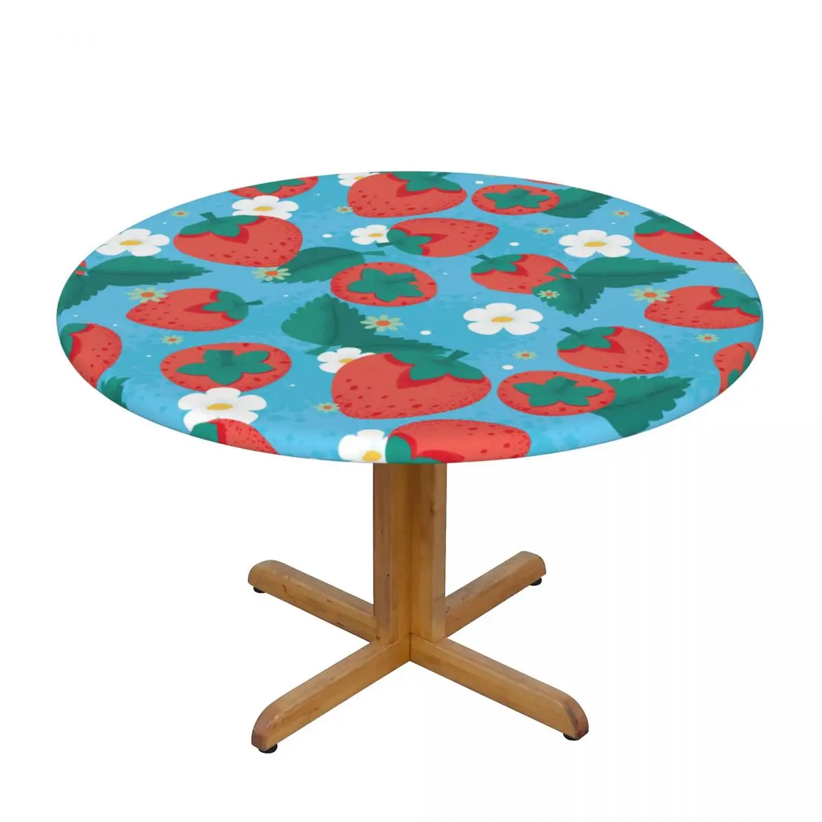 

Cute Strawberry And Flowers Waterproof Polyester Round Tablecloth Catering Fitted Table Cover with Elastic Edged