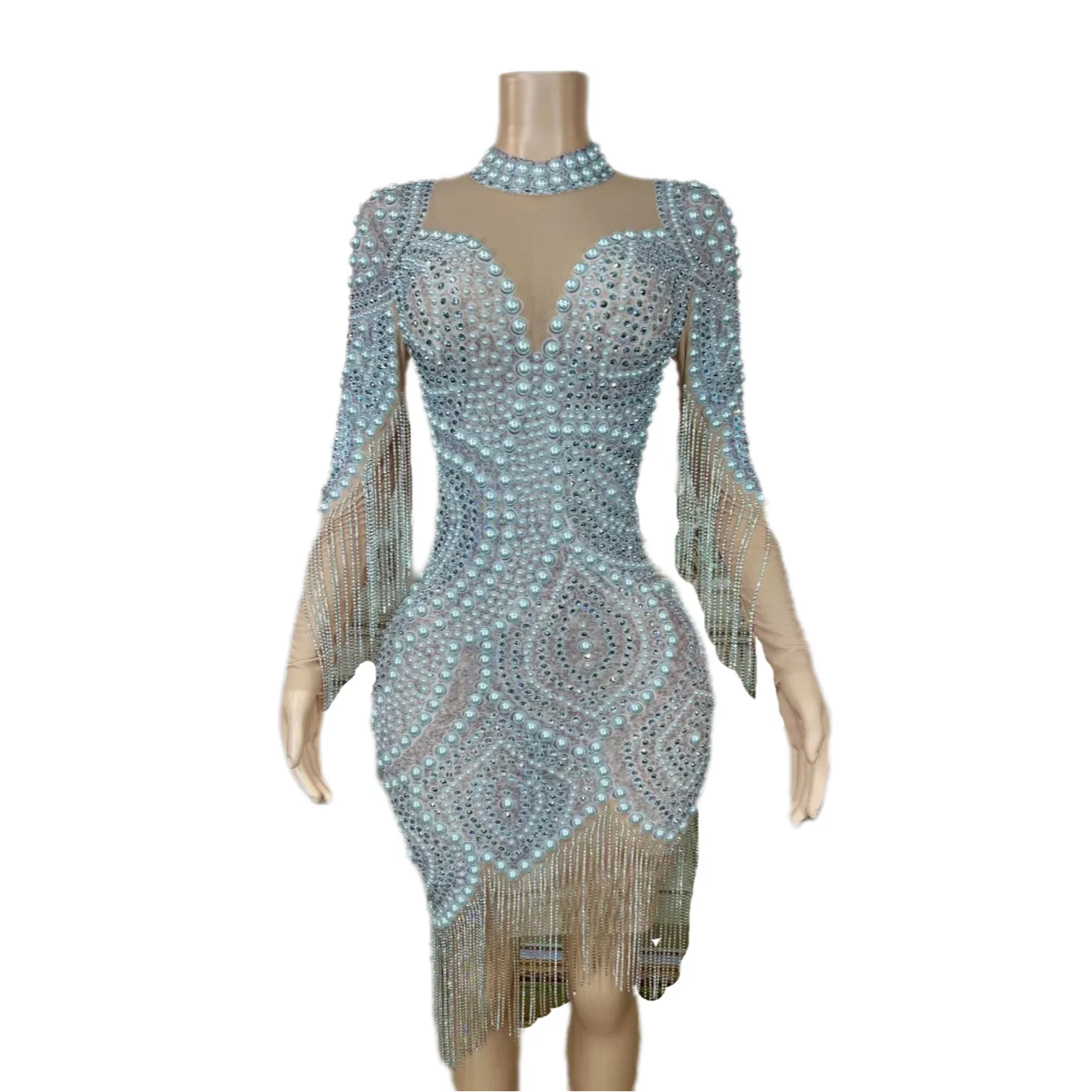 Nude Shining Rhinestones Pearls Tassel Gauze Sexy Perspective Dress For Women Party Birthday Clothing Singer Stage Costumes
Nude Shining Rhinestones Pearls Tassel Gauze Sexy Perspective Dress For Women Party Birthday Clothing Singer Stage Costumes