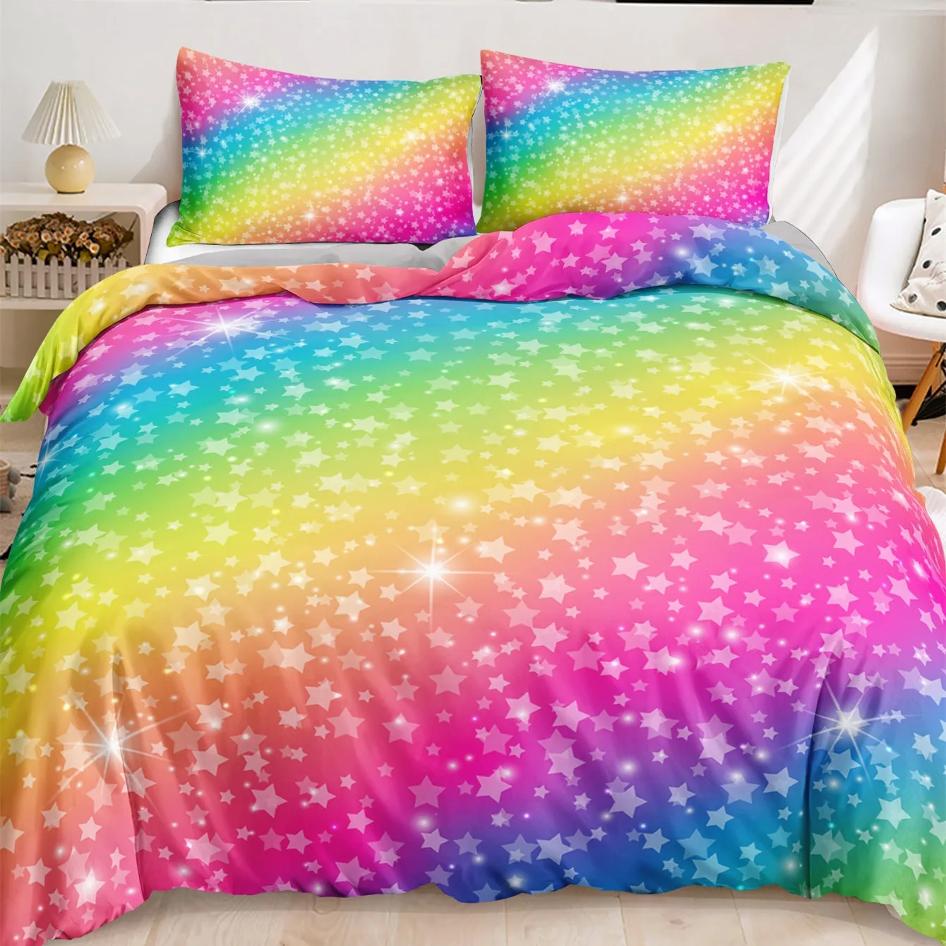 Rainbow Duvet Cover Set for Girls Rainbow Star Bedding Set Girly Glitter Double Queen King Size Soft and Comfortable Quilt Cover 
Rainbow Duvet Cover Set for Girls Rainbow Star Bedding Set Girly Glitter Double Queen King Size Soft and Comfortable Quilt Cover
