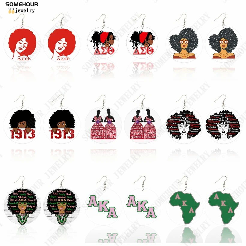 

SOMEHOUR Black Sorority Delta Women Wooden Drop Earring Print African History Afro Curly Girl Lady Vintage Loops Pendant Dangle