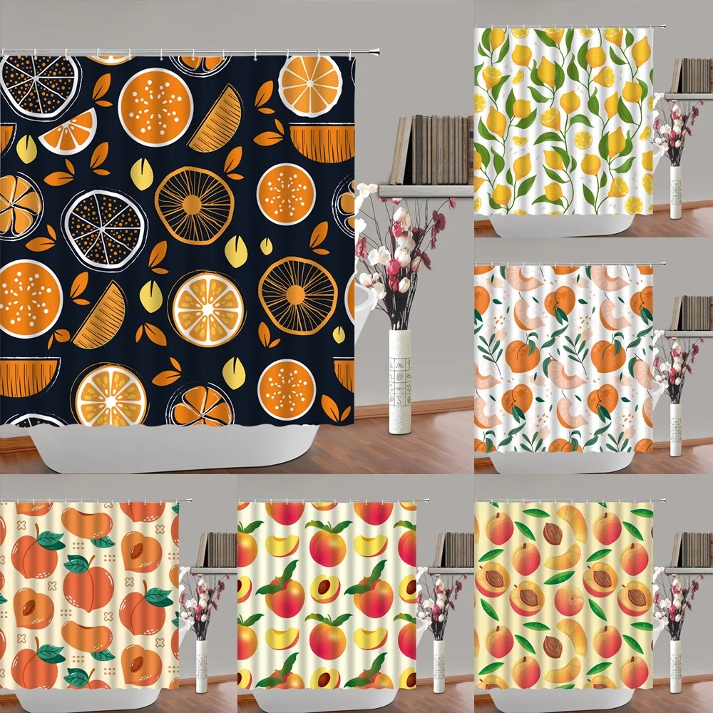 

Orange Lemon Peach Shower Curtains Tropical Fruits Cute Colorful Plant Leaves Waterproof Fabric Bathroom Curtain Set with Hooks