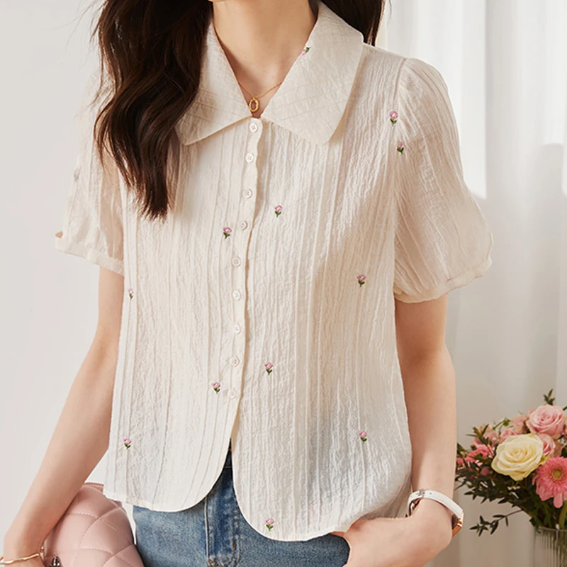 Summer Women's Short Sleeve Doll Neck French Bubble Sleeve Casual Printed Chiffon Shirt Blouse Womens Tops Camisas De Mujer C928
Summer Women's Short Sleeve Doll Neck French Bubble Sleeve Casual Printed Chiffon Shirt Blouse Womens Tops Camisas De Mujer C928