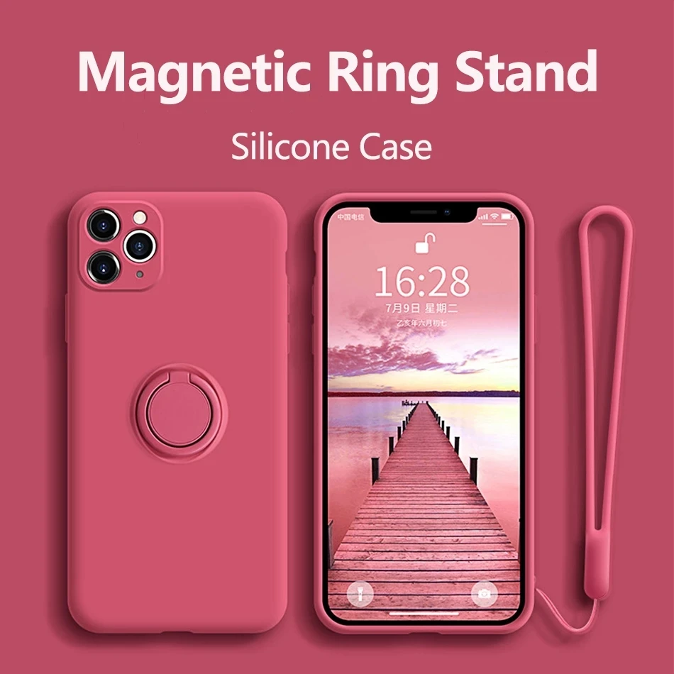 

Магнитный чехол из жидкого силикона с кольцом на палец для iPhone 14 13 12 11 Pro Mini XR X XS Max 7 8 Plus Se 2020, чехол для телефона