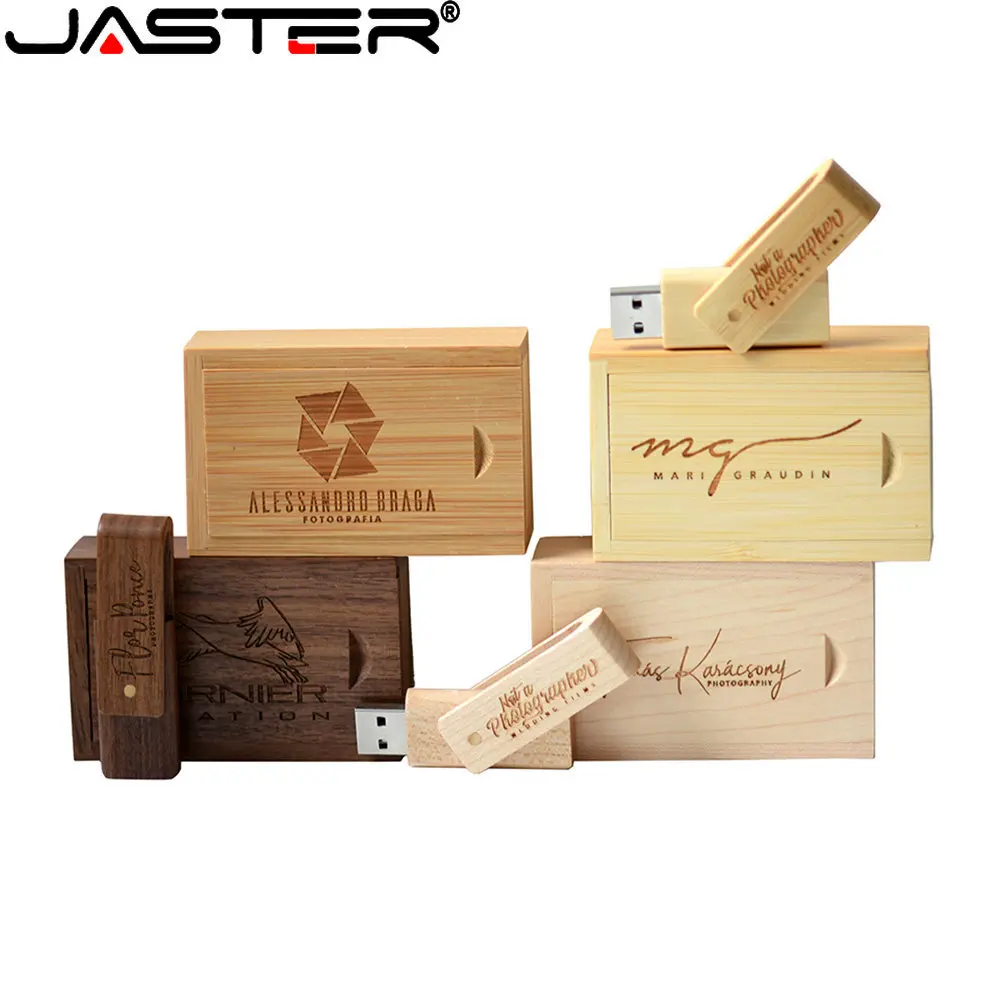

JASTER Wood + Box USB Flash Drives 128GB Rotatable USB 2.0 Memory Stick 64GB Free Logo Pendrive 32GB Pen Drive 16GB U Disk 8GB