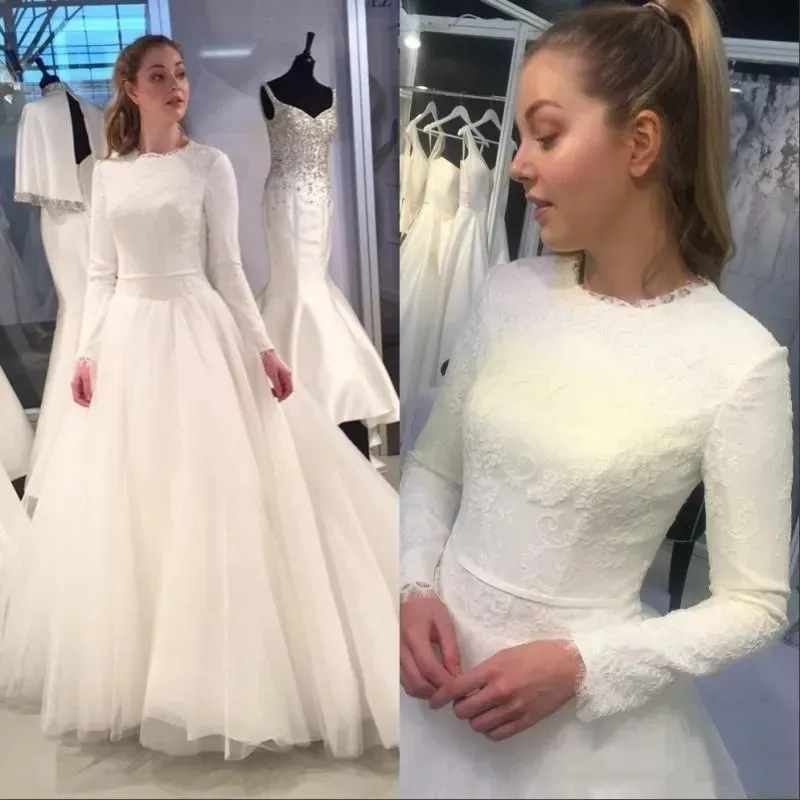 Elegant Lace Long Sleeves Wedding Dresses A Line O-Neck Sweep Train Tulle Bridal Gowns For Bride Muslim Vestidos De Novia 2024
Elegant Lace Long Sleeves Wedding Dresses A Line O-Neck Sweep Train Tulle Bridal Gowns For Bride Muslim Vestidos De Novia 2024